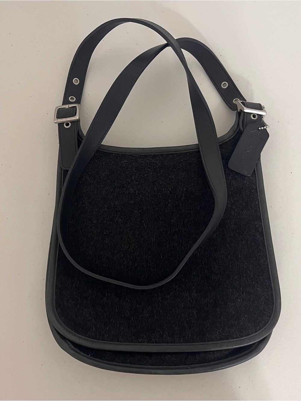 Coach Black Leather & Wool Shoulder Bag Vintage Crossbody Hippy Flap Purse